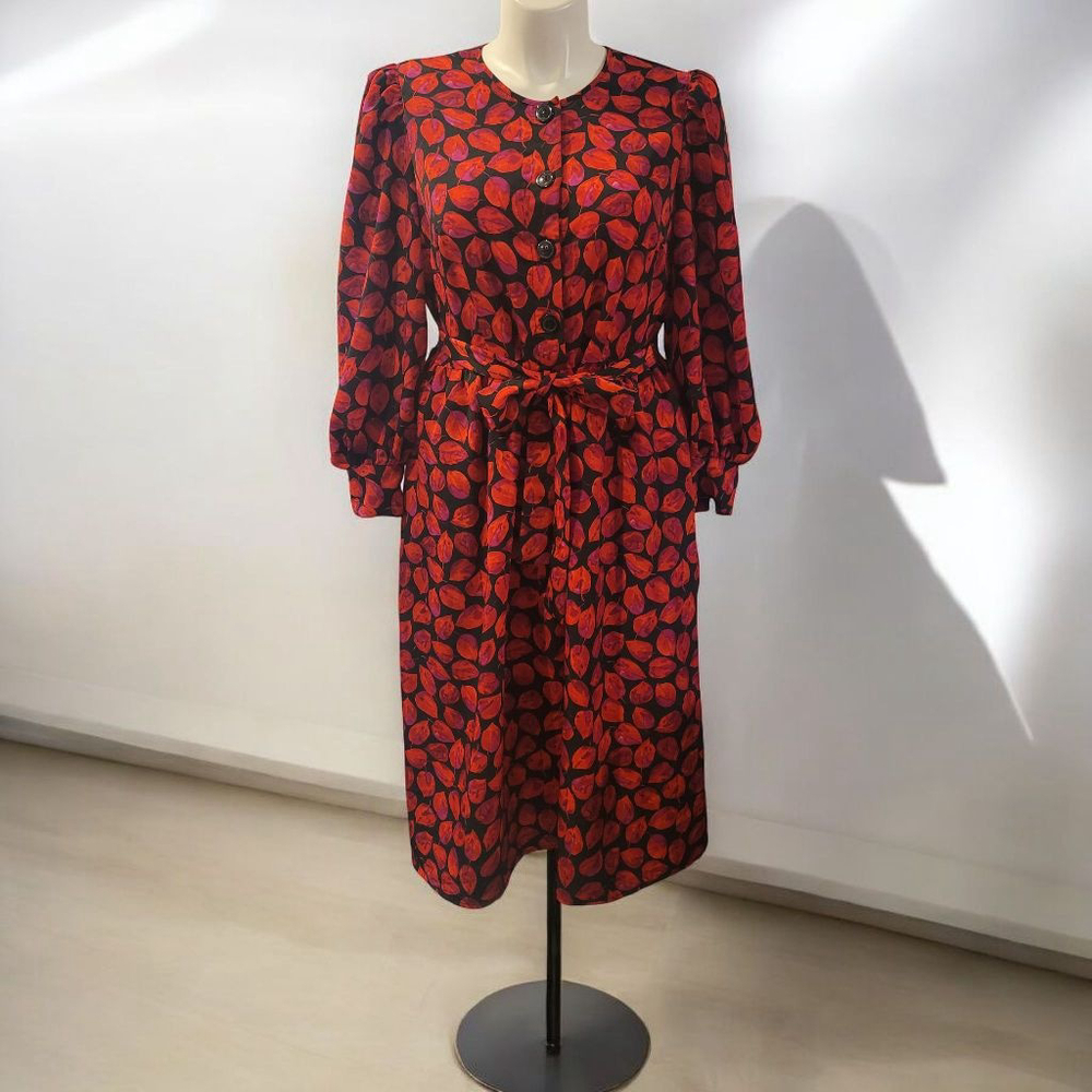 WHO WHAT WEAR Red Black Leaf Print Long Sleeve Dress XL